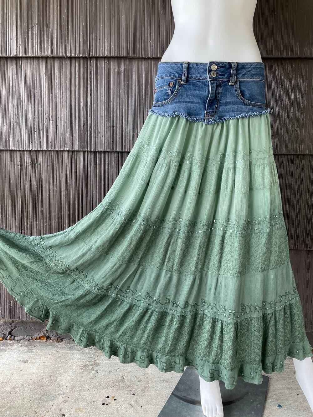 🔥Upcycle Y2K American Eagle Tiered Sequins Maxi Skirt Boho Hippie Gypsy Fairy
